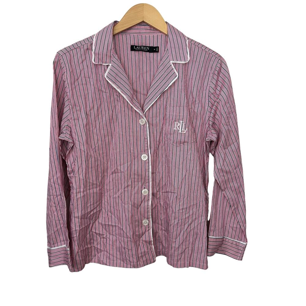 Ralph Lauren Shirt Womens Medium Pink Blue Striped Luxury Logo Pajama Top New